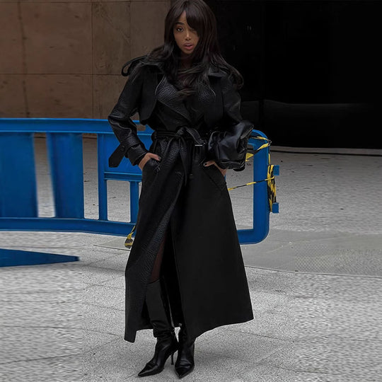 Damen Kunstleder Trenchcoat mit Oberteil und Taillengürtel Heidi-Mode