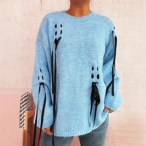Damen modischer Oversize-Pullover mit einzigartigen Schnürdetails Heidi-Mode