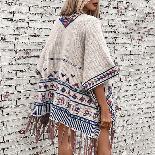 Damen stilvolle Poncho mit buntem Ethnomuster Heidi-Mode