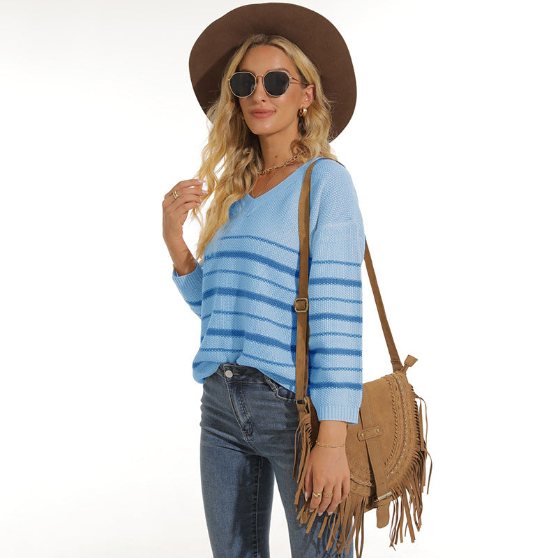 Damen lässiger Pullover mit modernem Streifenmuster und V-Ausschnitt Heidi-Mode