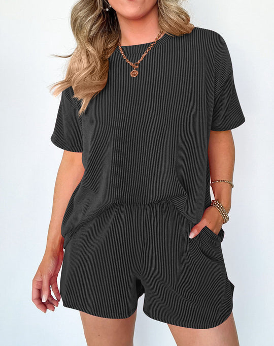 Damen lässiges Kurzarm-Set aus strukturierter Baumwolle mit elastischem Bund Heidi-Mode