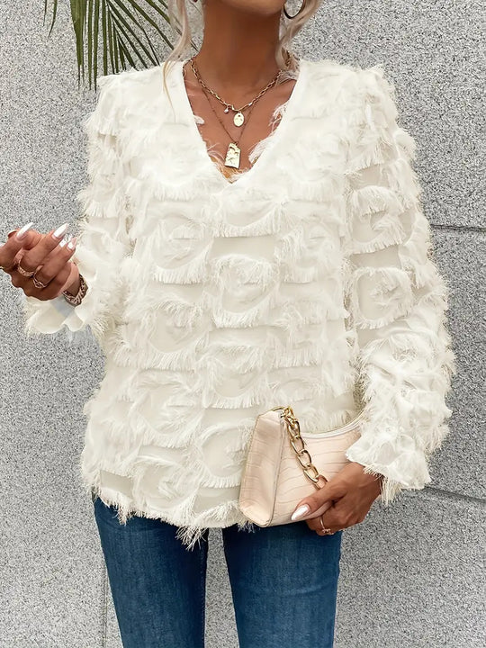 Damen luxuriöse Rüschenbluse mit V-Ausschnitt und feinen Details Heidi-Mode