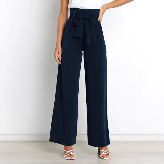 Damen Weit geschnittene High-Waist-Hose mit Binde-Gürtel und Taschen Heidi-Mode