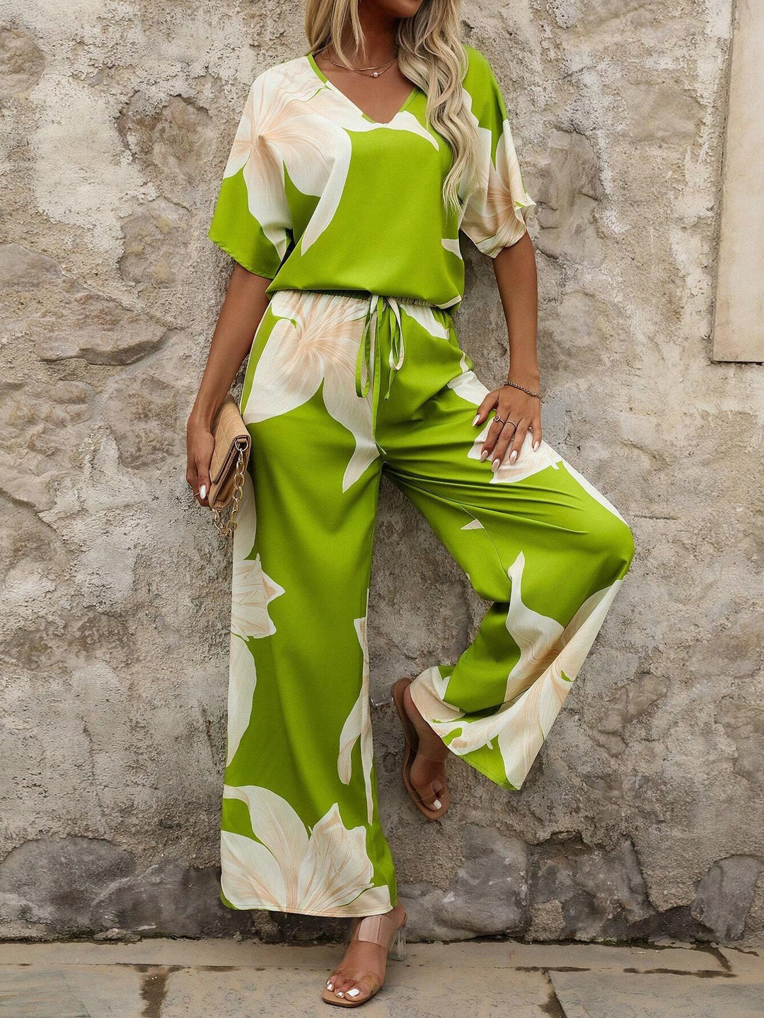 Damen Eleganter Jumpsuit mit floralen Mustern und weitem Bein Heidi-Mode