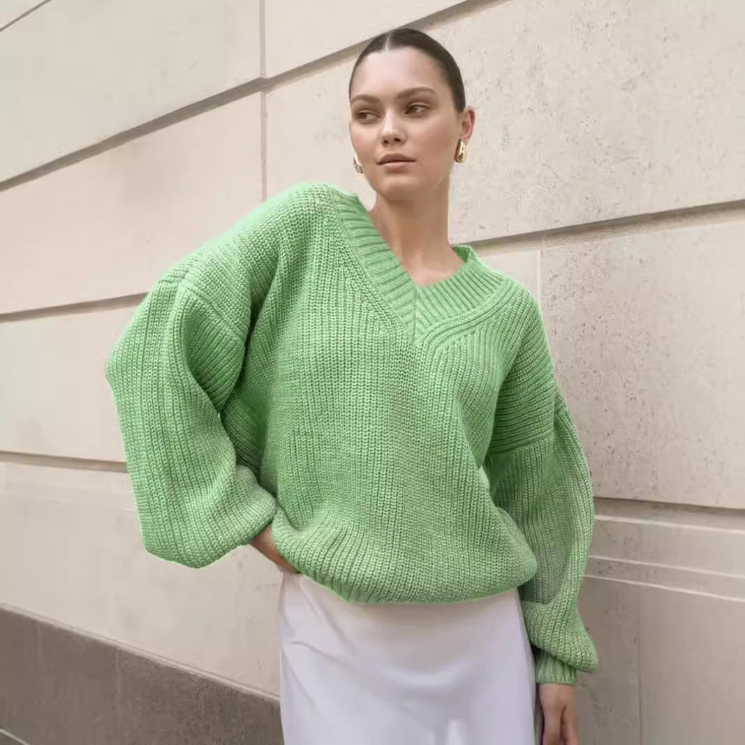 Damen V-Ausschnitt Strickpullover mit voluminösen Ärmeln und strukturierter Oberfläche Heidi-Mode