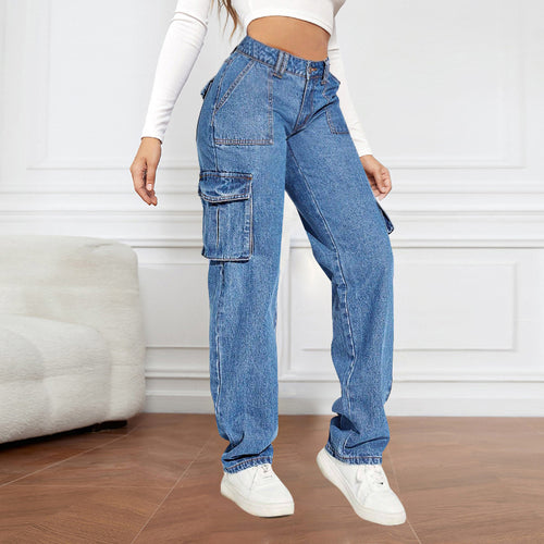 Damen Cargo-Jeans mit hoher Taille und praktischen Taschen Heidi-Mode