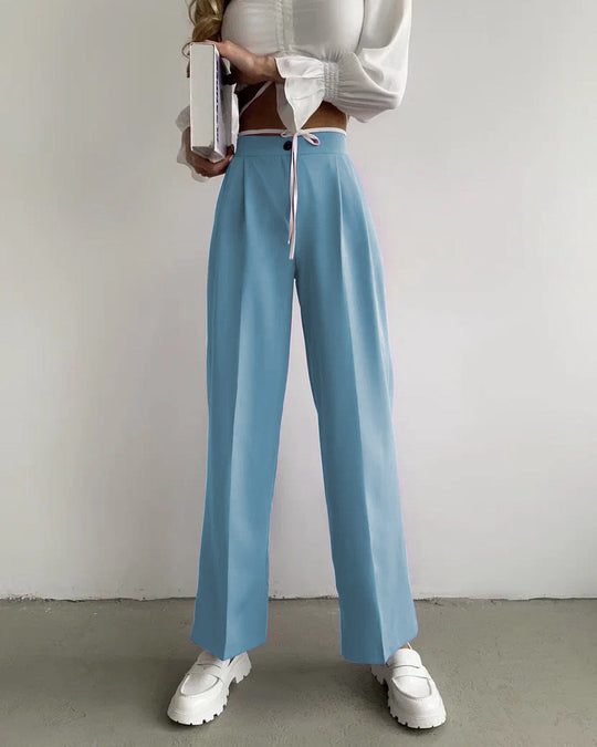 Damen weite klassische Hose mit hohem Bund und praktischen Bindegurten Heidi-Mode