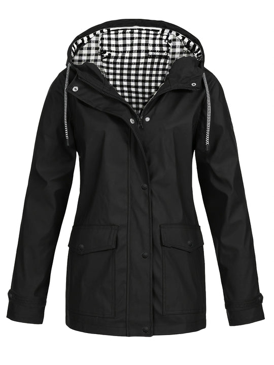 Damen modische Regenjacke mit kontrastierendem Innenfutter und praktischen Taschen Heidi-Mode