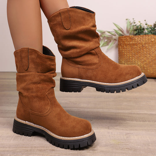 Damen weiche Wildleder-Stiefel mit lässigem Faltenlook und robuster Profilsohle Heidi-Mode
