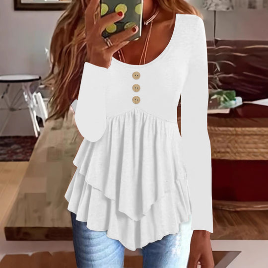 Damen Langarm Blusenshirt mit mehrlagigem Design und dekorativen Knopfdetails Heidi-Mode