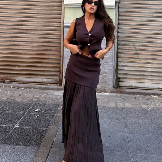 Damen elegantes Strick-Set mit asymmetrischem Rock und ärmelloser Weste Heidi-Mode