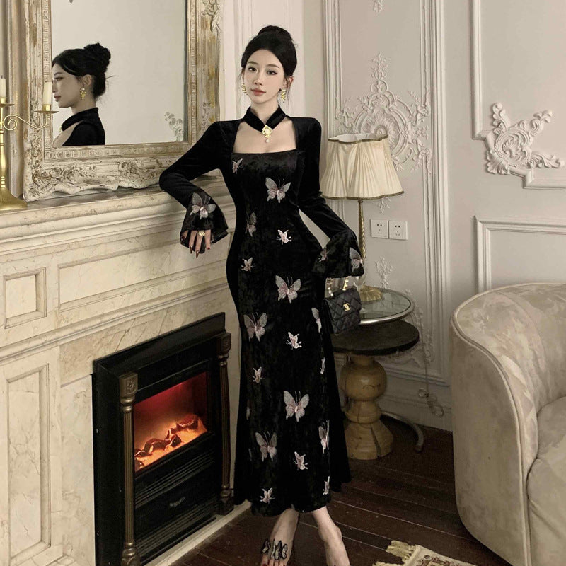 Heidi-Mode | Slimming Samt Schmetterlingsstickerei Zusammengestücktes Meerjungfrau Kleid