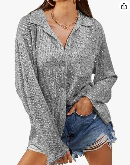 Damen Glitzernde Oversize-Bluse mit lässigem Schnitt Heidi-Mode