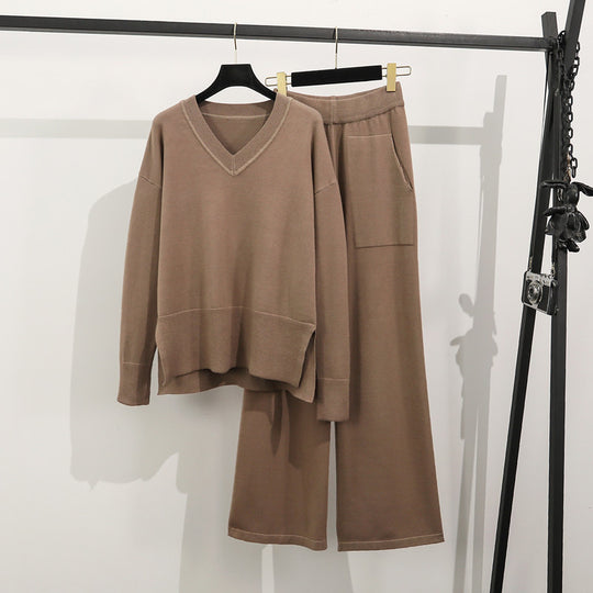 Damen lässiges Strick-Loungewear-Set mit tiefem V-Ausschnitt und praktischen Taschen Heidi-Mode