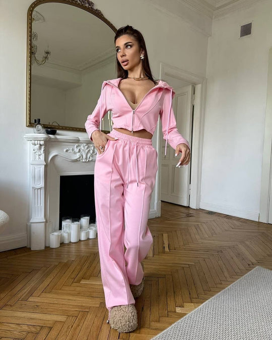 Damen Loungewear-Set mit Zip-Hoodie und weitem Bund Heidi-Mode