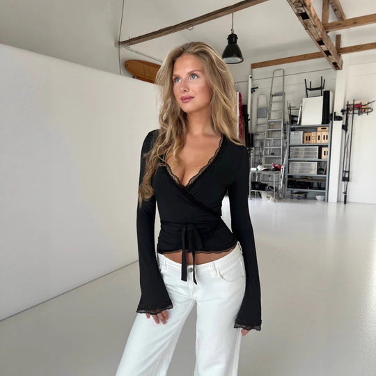 Damen Wickeloberteil mit eleganter Spitzenborte Heidi-Mode