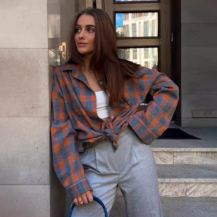 Damen Gemütliches Karoshirt mit hohem Kragen und Knopfverschluss Heidi-Mode