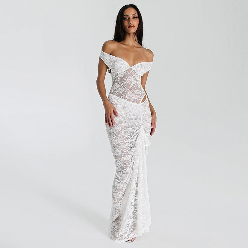 Damen Elegantes Spitzen-Maxi-Kleid mit schulterfreiem Design und Rüschendetails Heidi-Mode