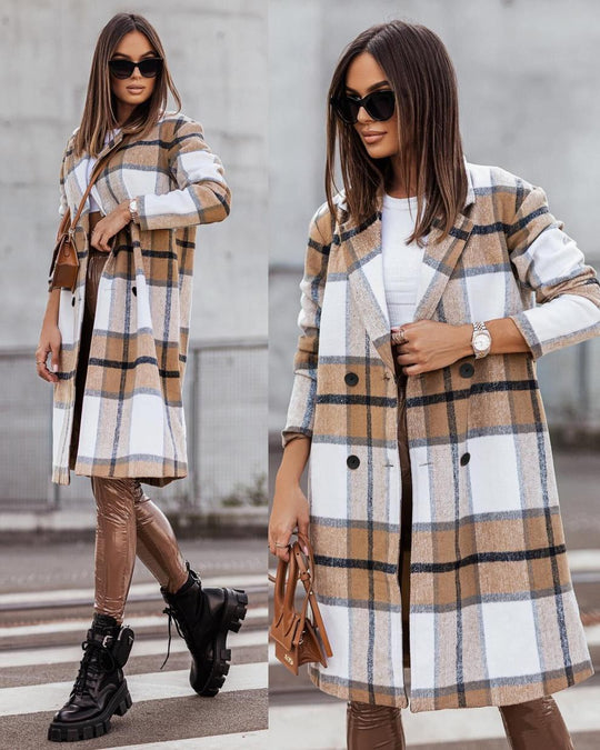 Heidi-Mode | Lässiger Langärmliger Karierter Langer Wollpullover Jacke
