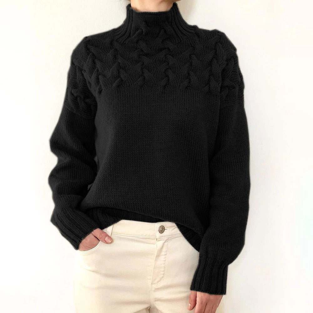 Damen Strickpullover mit hochgeschlossenem Kragen und trendigem Zopfmuster Heidi-Mode