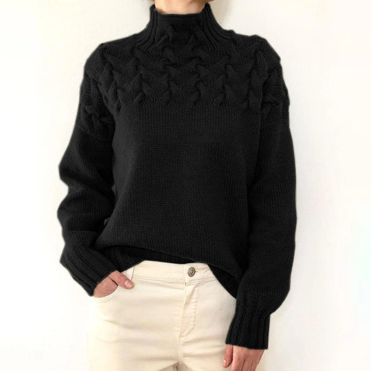 Damen Strickpullover mit hochgeschlossenem Kragen und trendigem Zopfmuster Heidi-Mode
