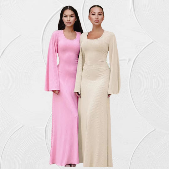 Damen Maxikleid mit elegantem V-Ausschnitt und weit schwingenden Ärmeln Heidi-Mode