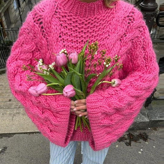 Damen oversize Strickpullover mit Zopfstrickmuster Heidi-Mode