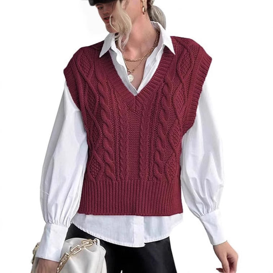 Damen Strickweste mit V-Ausschnitt und Zopfmuster Heidi-Mode