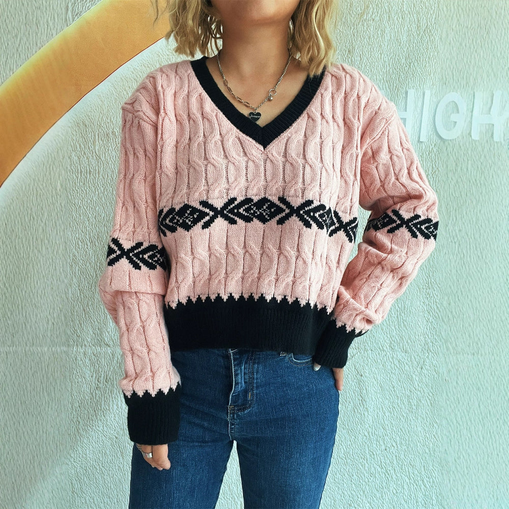 Damen lässiger Strickpullover mit modernem Zopfmuster und kontrastierenden Akzenten Heidi-Mode