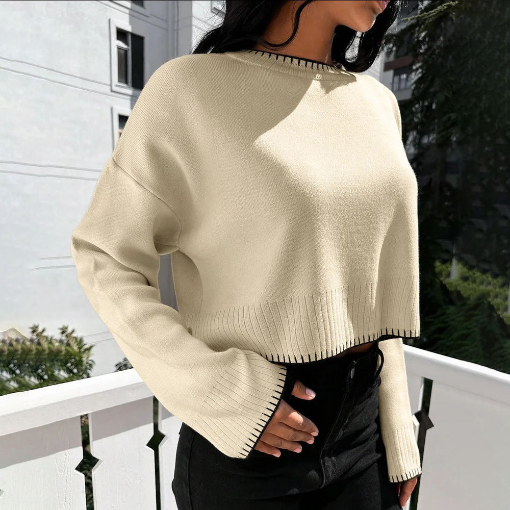 Damen lässiger Cropped Pullover mit feiner Rippstruktur und elastischem Bund Heidi-Mode
