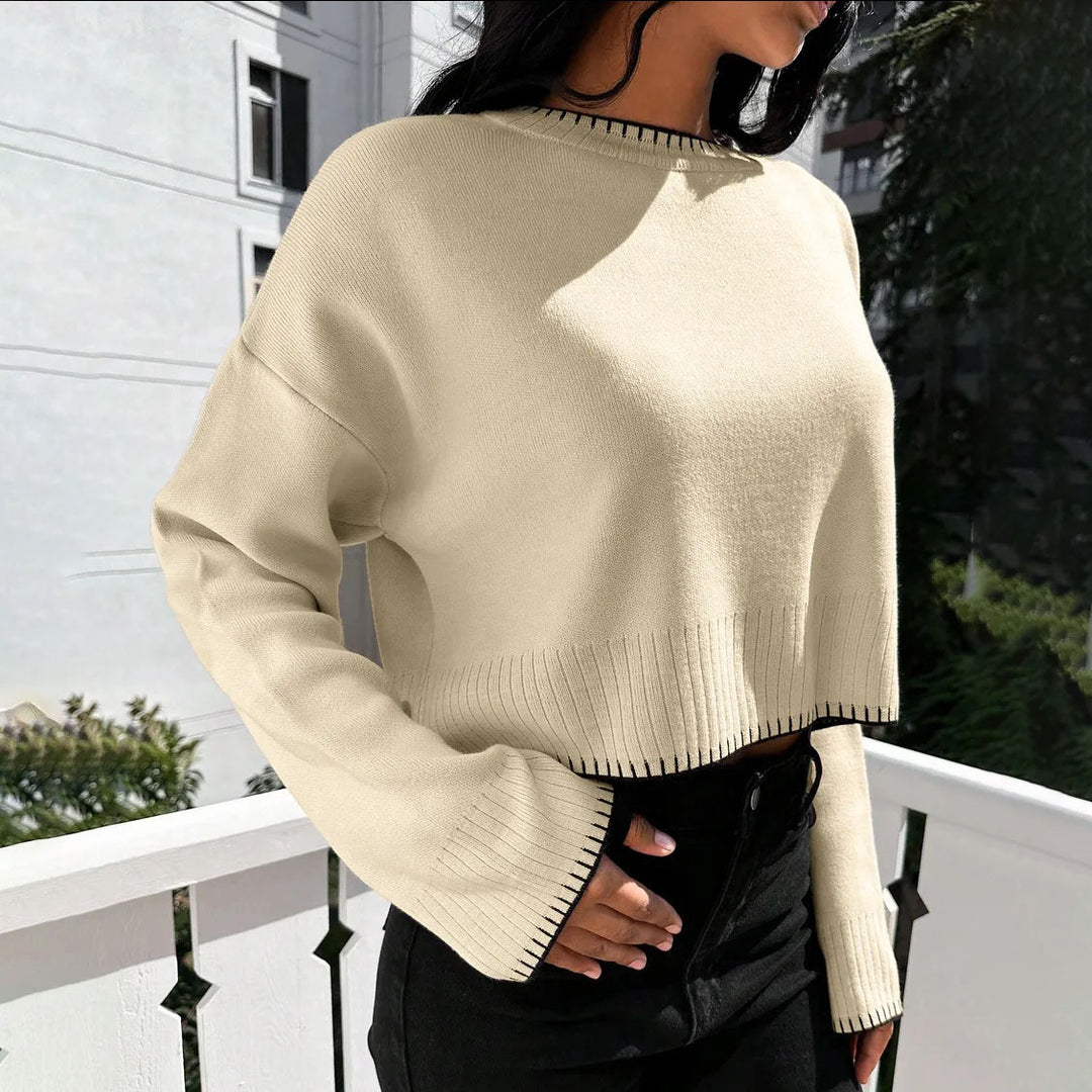 Damen lässiger Cropped Pullover mit feiner Rippstruktur und elastischem Bund Heidi-Mode