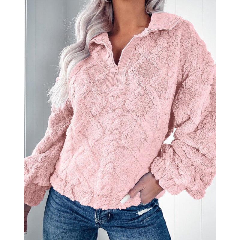 Damen Kuscheliger Fleece-Pullover mit hohem Kragen und Halb-Reißverschluss Heidi-Mode