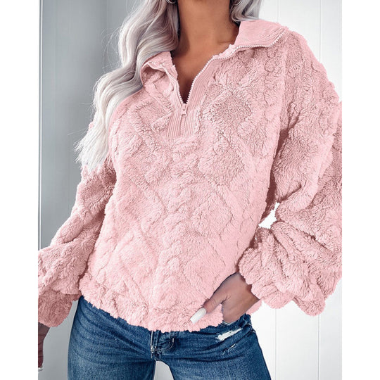 Damen Kuscheliger Fleece-Pullover mit hohem Kragen und Halb-Reißverschluss Heidi-Mode