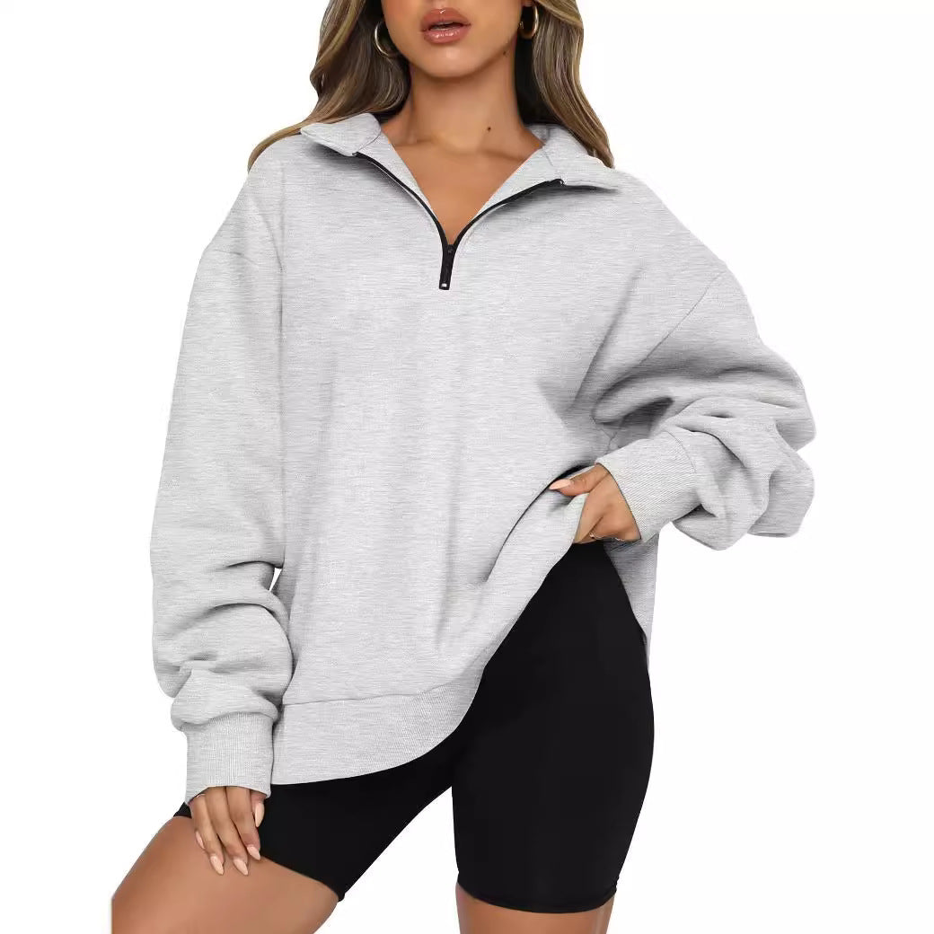 Damen Oversized Sweatshirt mit kurzem Reißverschluss und lässigem Schnitt Heidi-Mode