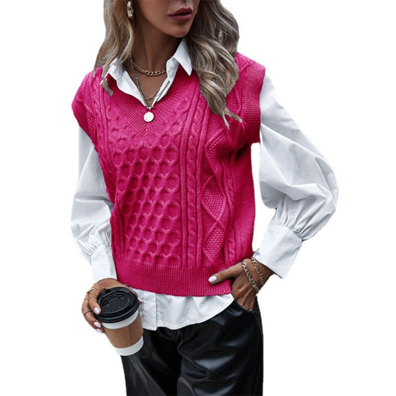 Damen Strickpullover mit Zopfmuster und V-Ausschnitt Heidi-Mode