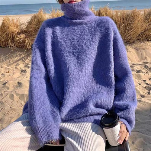 Damen Flauschiger Pullover mit Lockere Passform und Hohem Kragen Heidi-Mode