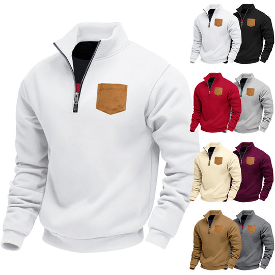 Herren Fleece-Pullover mit hohem Kragen und praktischer Brusttasche Heidi-Mode
