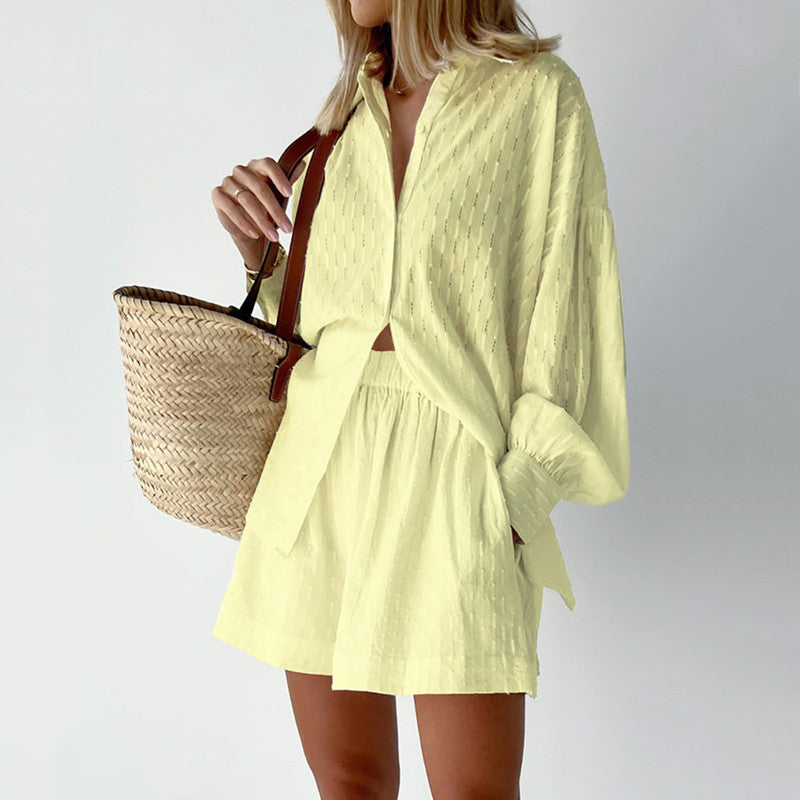 Damen lässiges Hemd-Shorts-Set mit elegantem Webmuster Heidi-Mode