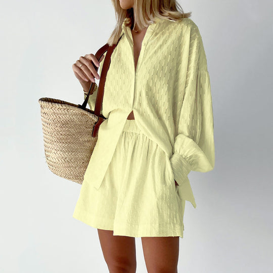Damen lässiges Hemd-Shorts-Set mit elegantem Webmuster Heidi-Mode