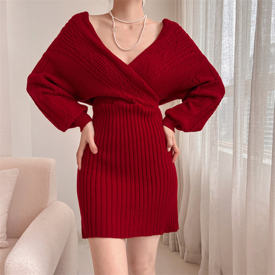 Damen Elegantes Strickkleid mit V-Ausschnitt und strukturiertem Oberteil Heidi-Mode