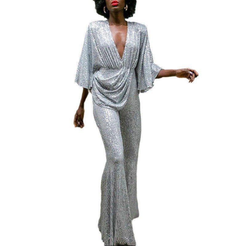 Damen Glamouröser Jumpsuit mit funkelnden Pailletten und weitem Bein Heidi-Mode