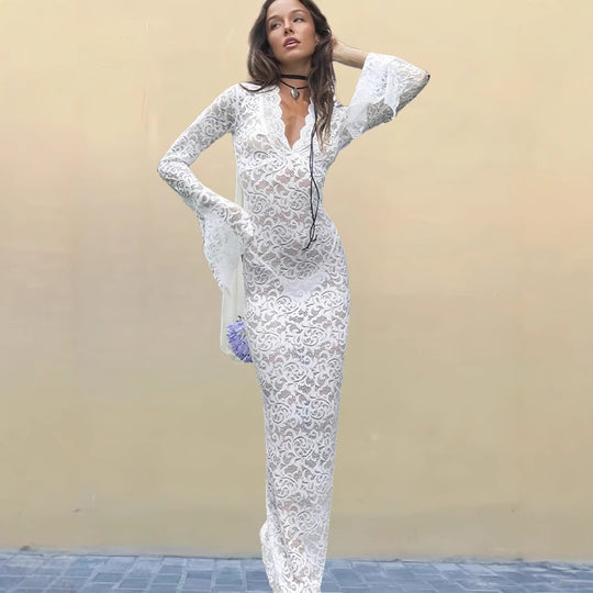 Damen Boho Maxikleid mit feinen Spitzenapplikationen Heidi-Mode