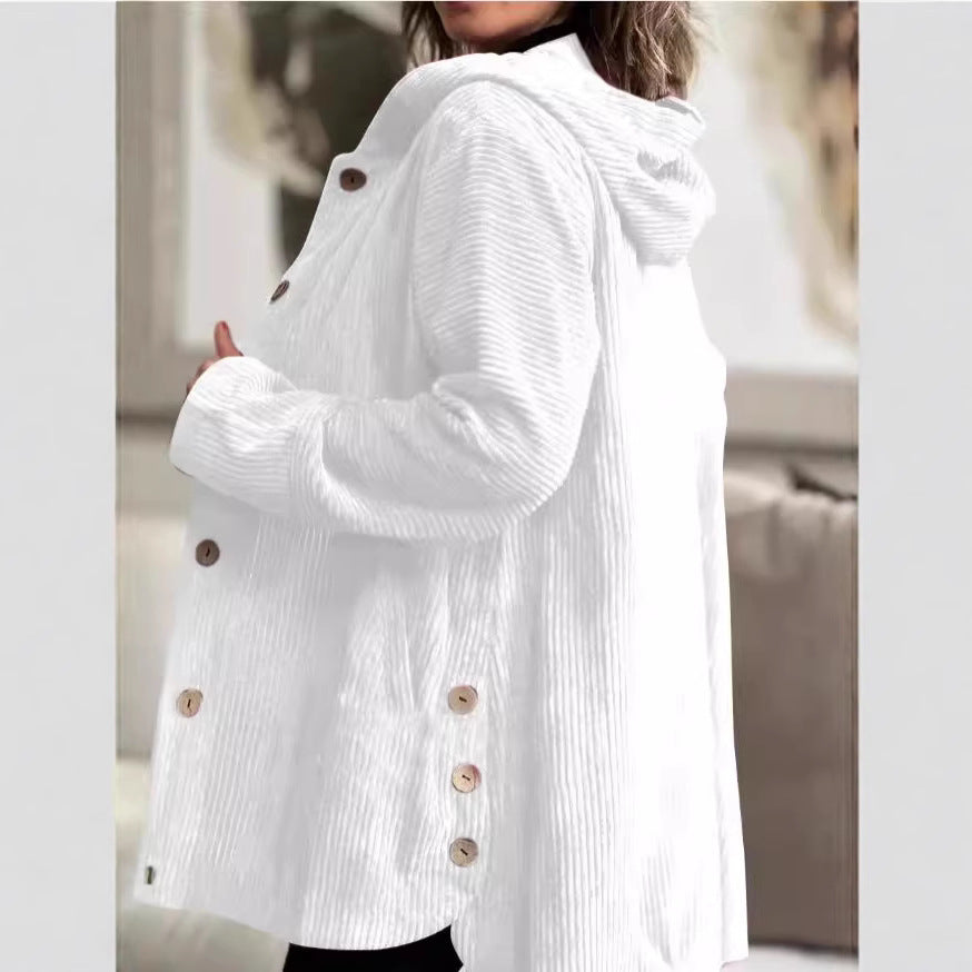 Damen Wohlfühljacke aus Cord mit Kapuze und großen Knöpfen Heidi-Mode
