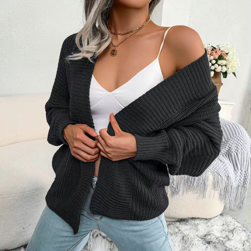 Damen Grobstrick Cardigan mit weit geschnittenen Ärmeln und offenem V-Ausschnitt Heidi-Mode