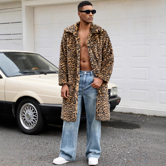 Herren Luxus Kunstpelzmantel mit Leopardenmuster Heidi-Mode
