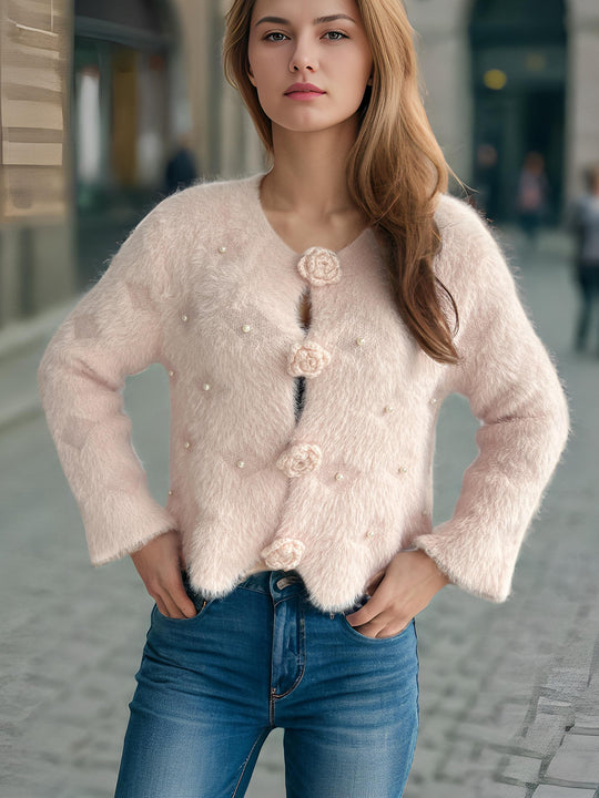 Damen Strickjacke mit floralen Applikationen und perlverzierter Detail Heidi-Mode