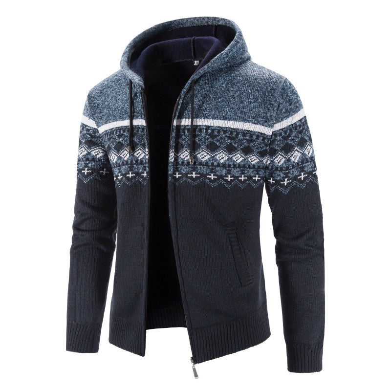 Herren Melierte Strickjacke mit Kapuze und Norweger-Muster Heidi-Mode