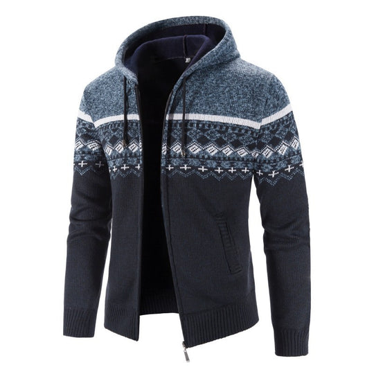 Herren Melierte Strickjacke mit Kapuze und Norweger-Muster Heidi-Mode