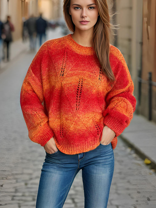 Damen lässiger Strickpullover mit modernem Lochmuster und voluminösen Ärmeln Heidi-Mode