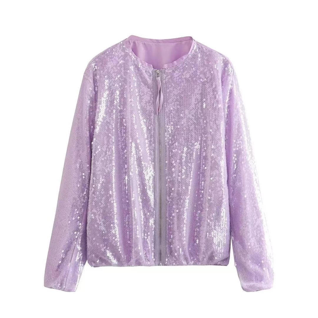Damen Paillettenjacke mit durchgehendem Reißverschluss und elegantem Stehkragen Heidi-Mode
